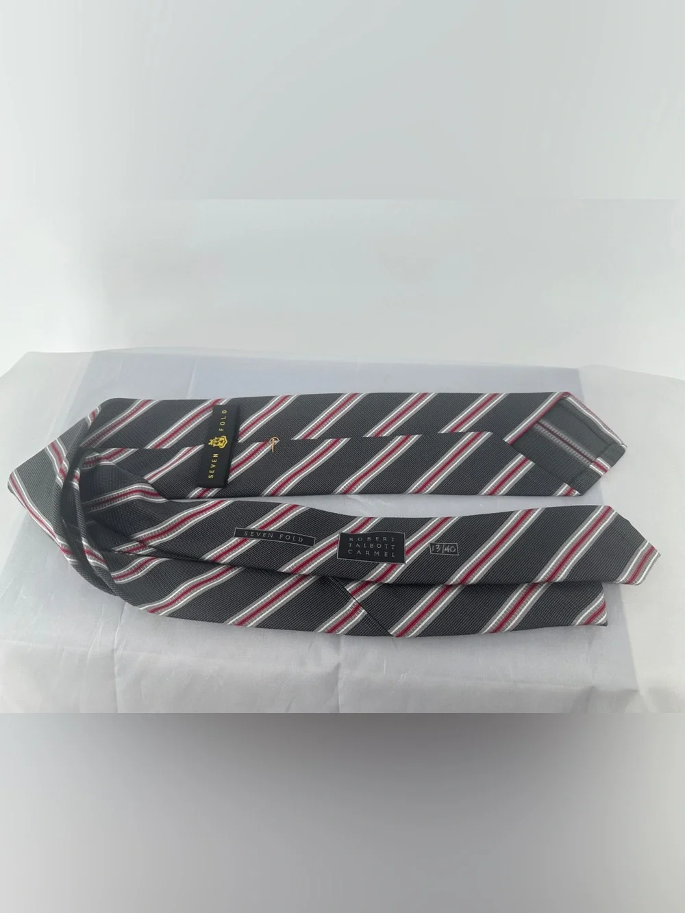 robert talbott Newman 7 Fold grey and red striped Silk Necktie